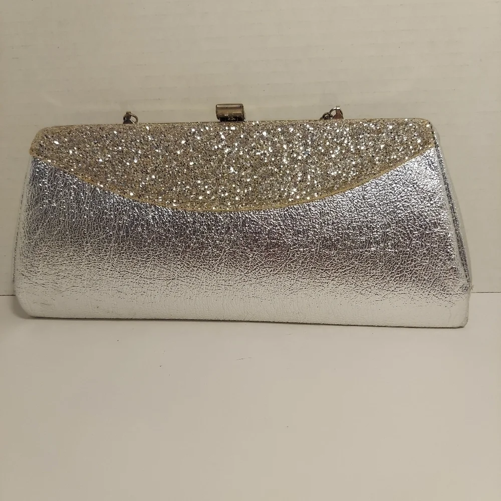 Vintage Silver Metallic + Glitter Clutch Evening Bag Purse Cocktail Prom Formal - Picture 4 of 15